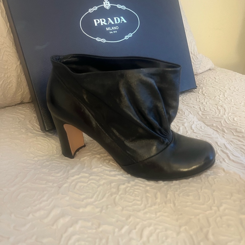 ✅Prada Black Leather Draped Ankle Booties. European size 37.5 =7.5 US size) - Picture 11 of 15